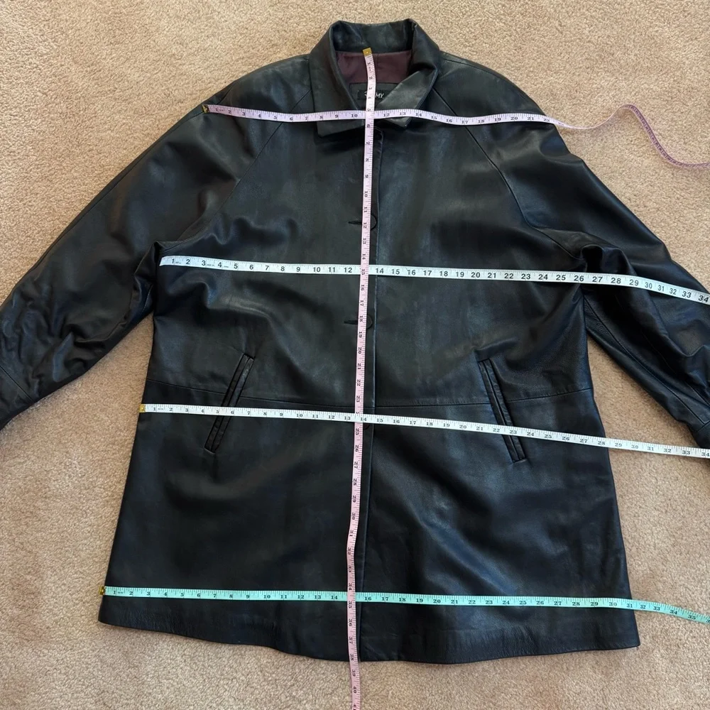 80s Vintage REMY LEATHER Black Trench Duster Futuristic Goth Coat XL